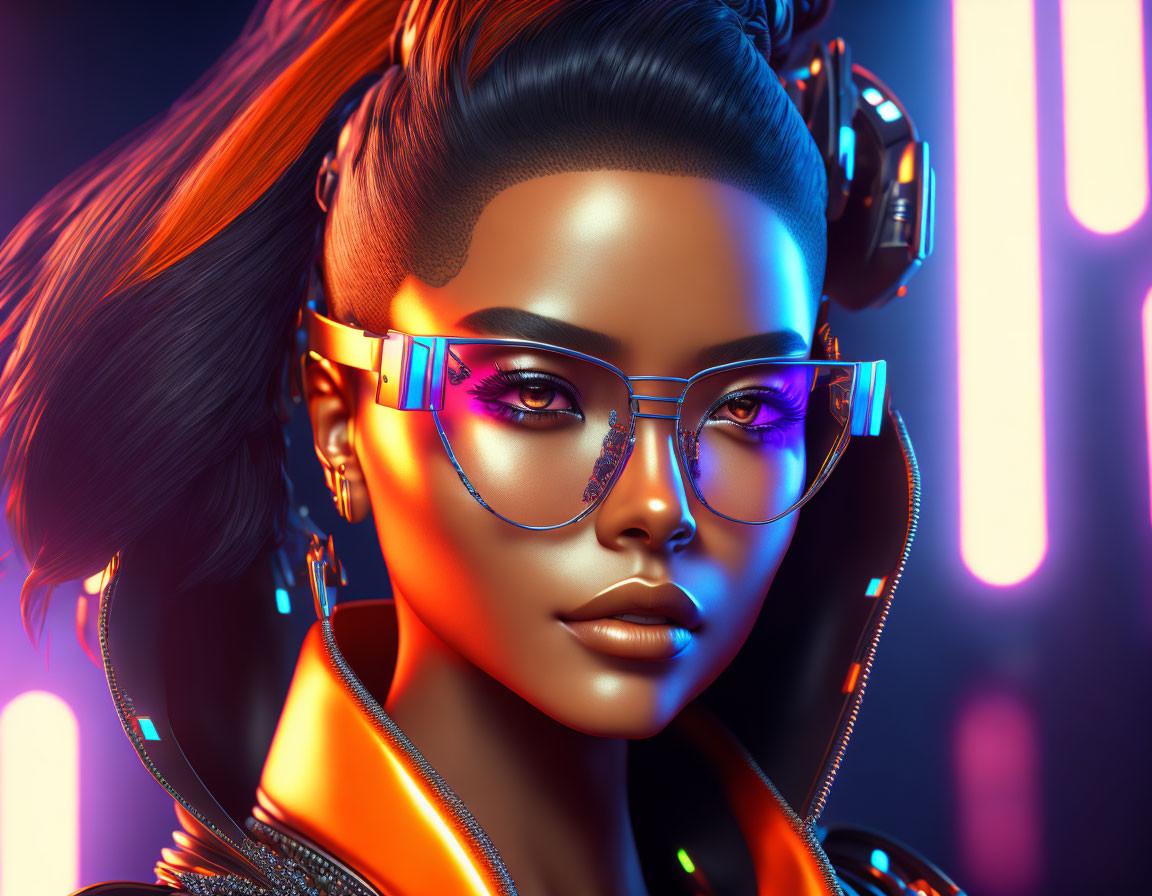 Vibrant 3D digital portrait of woman in futuristic glasses and headset