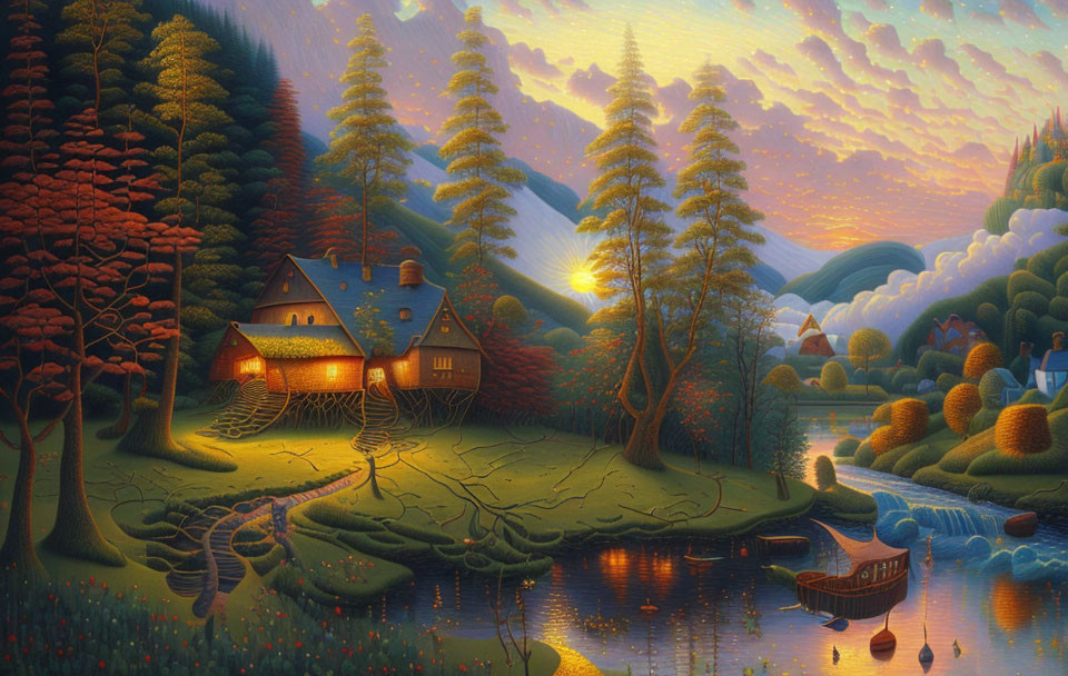 Tranquil landscape with cottage, river, boat, hills, trees, and sunset