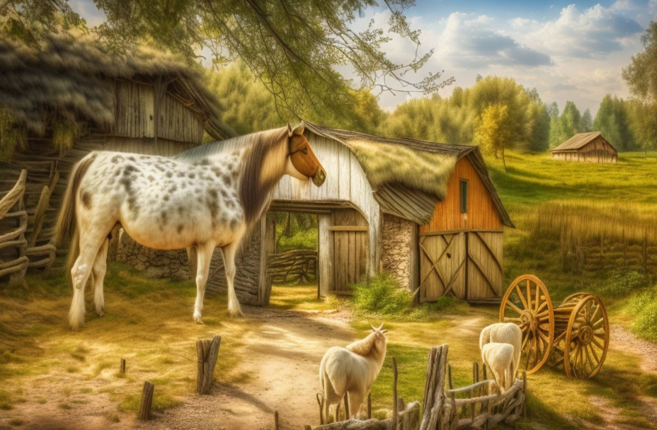 Spotted horse, goats, barn, cartwheels in serene pastoral scene