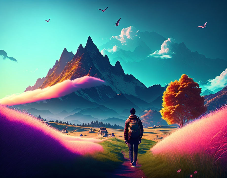 Person standing on pink grass path near autumn tree and majestic mountains under bird-filled sky.