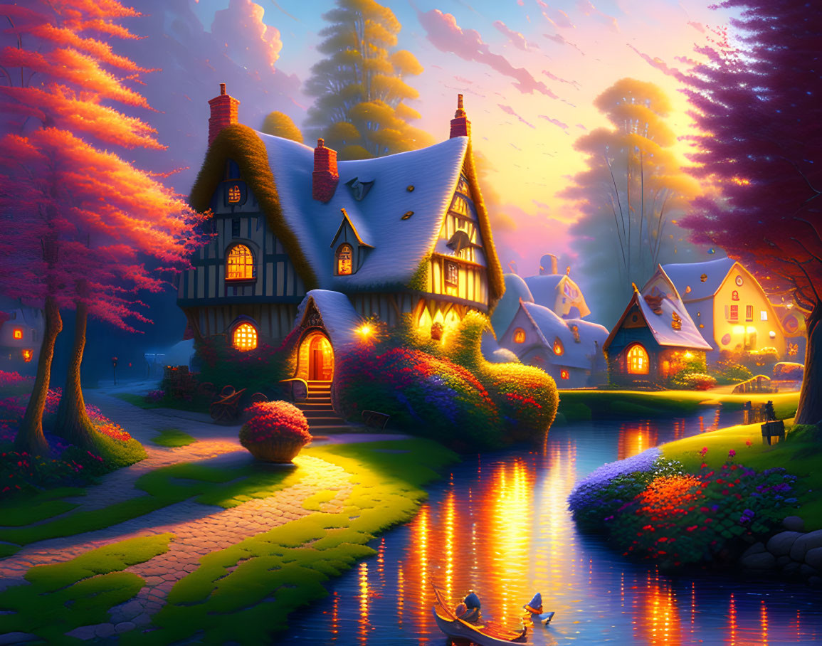 Tranquil twilight scene: cozy cottage, river, vibrant flora