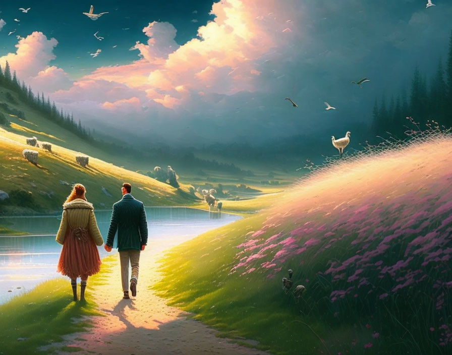 Couple walking in serene landscape at sunset with grazing sheep and flying birds