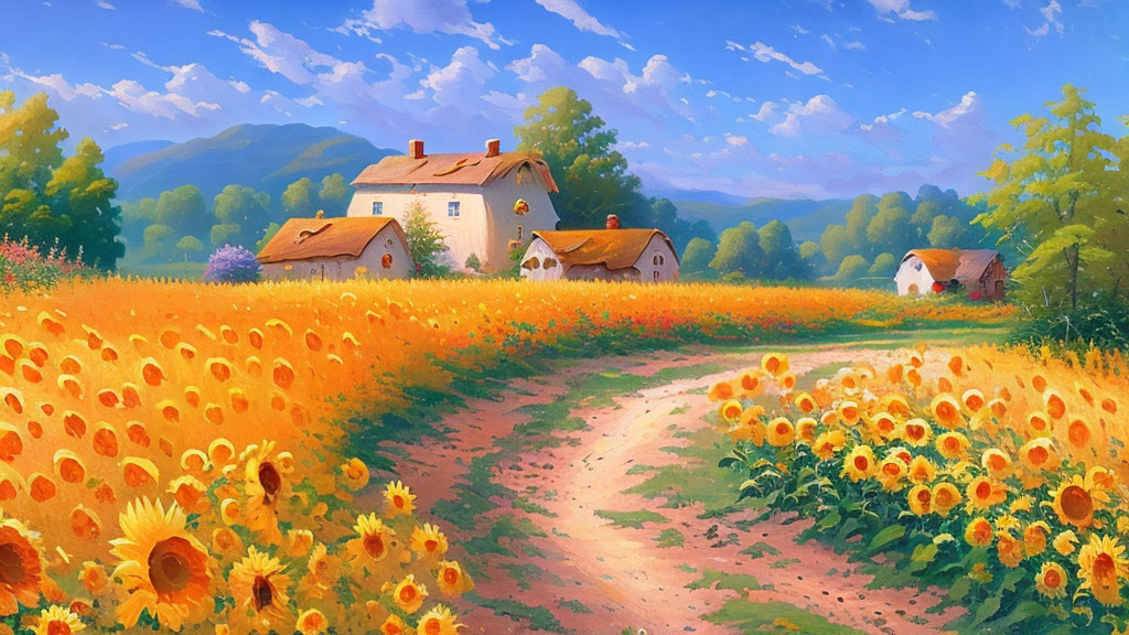 Colorful countryside landscape with sunflower field, houses, and mountains