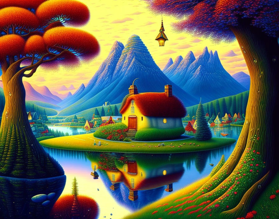 Colorful landscape with cottage, lake, trees, mountains, and sky