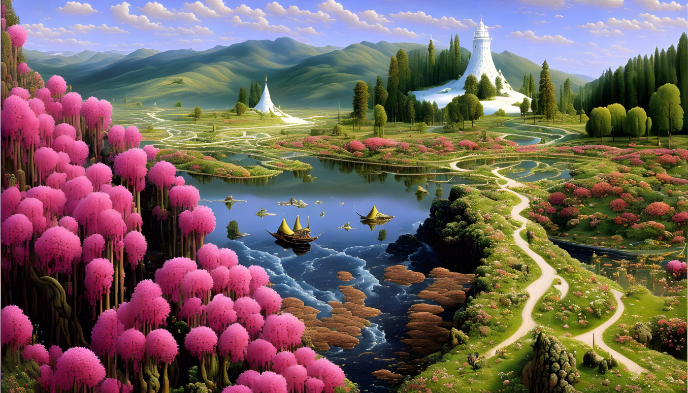 Fantasy landscape with pink trees, lake, castle, and boats