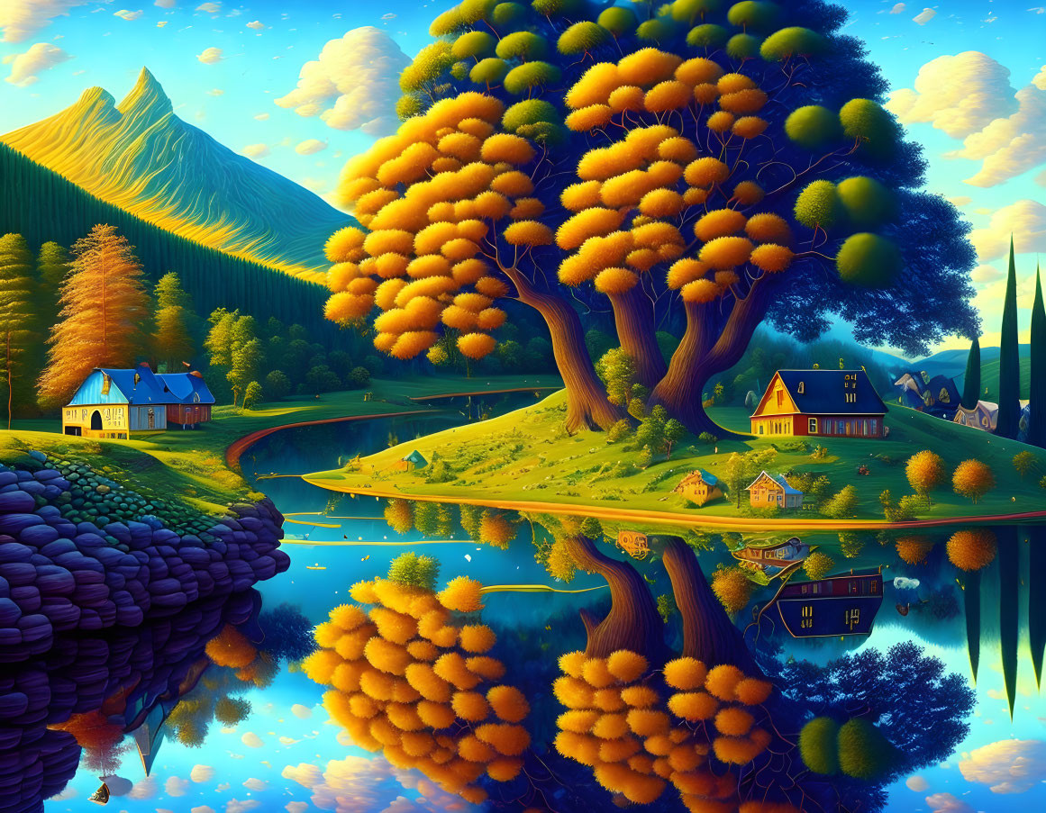 Vibrant landscape with colorful trees, mountains, houses, and river