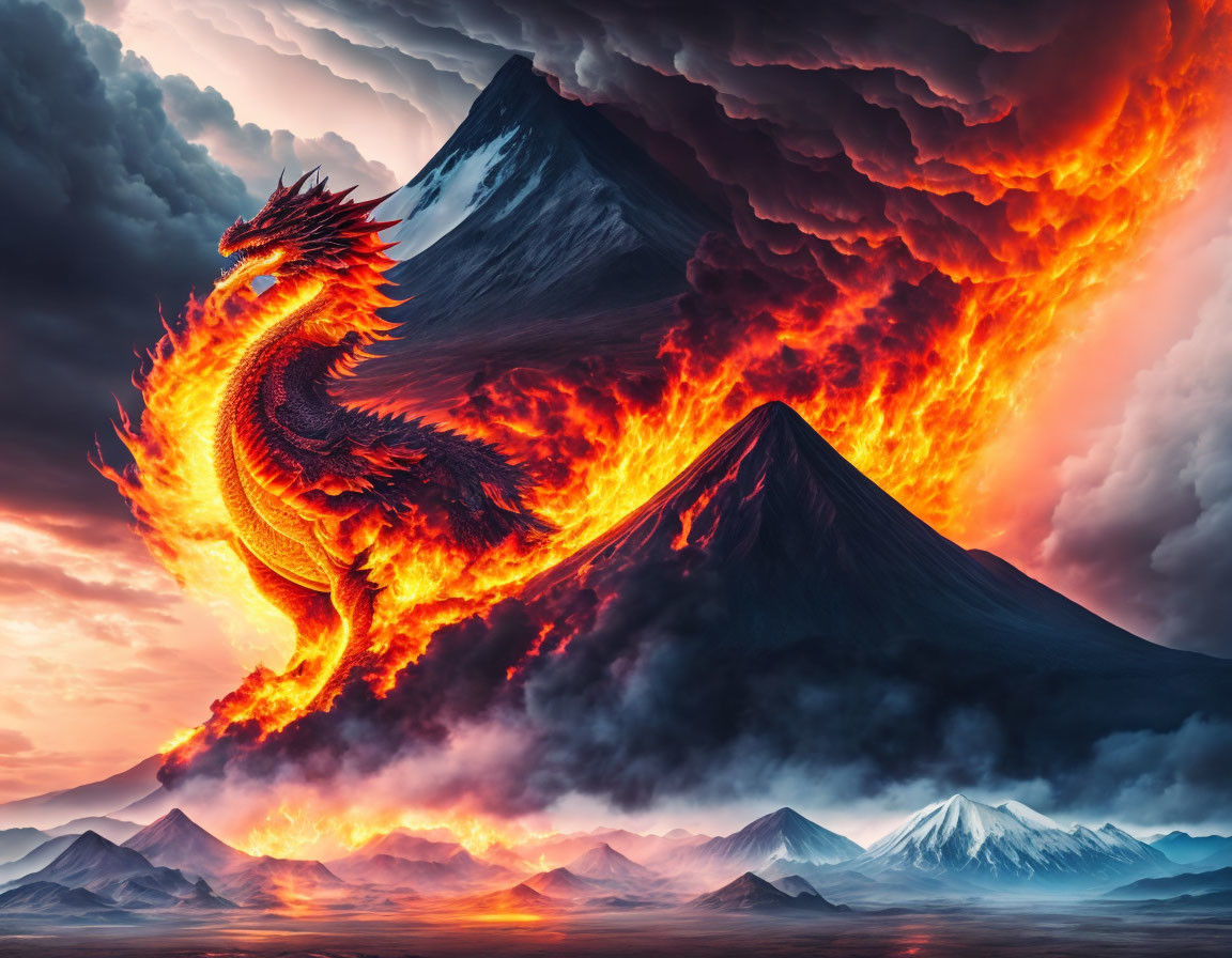 Fiery dragon emerging from volcanic eruption in dramatic landscape