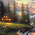 Tranquil landscape with cottage, river, boat, hills, trees, and sunset