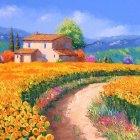 Colorful countryside landscape with sunflower field, houses, and mountains