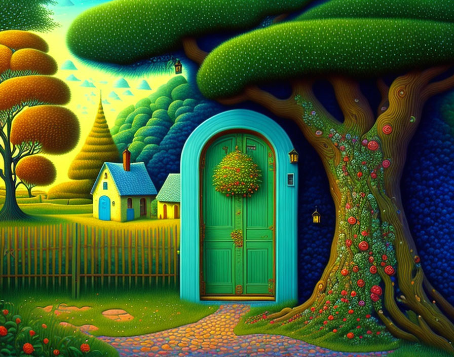 Colorful landscape with large tree, green door, and quaint house.