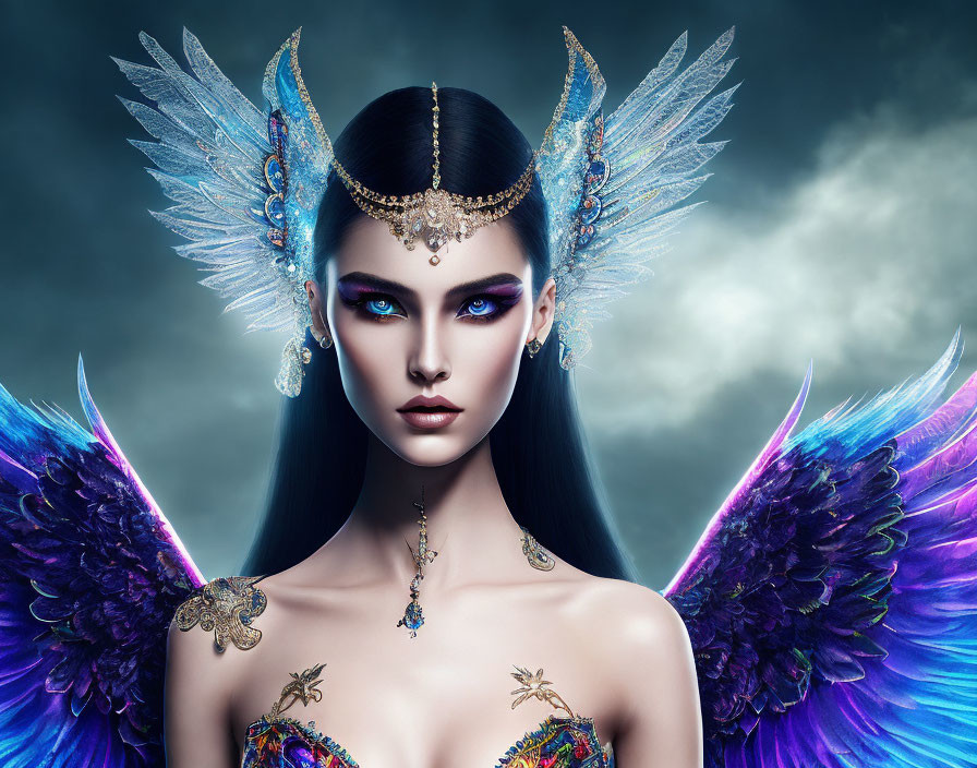 Fantasy portrait of woman with dark hair and blue eyes, vibrant wings, horns, and jewelry on