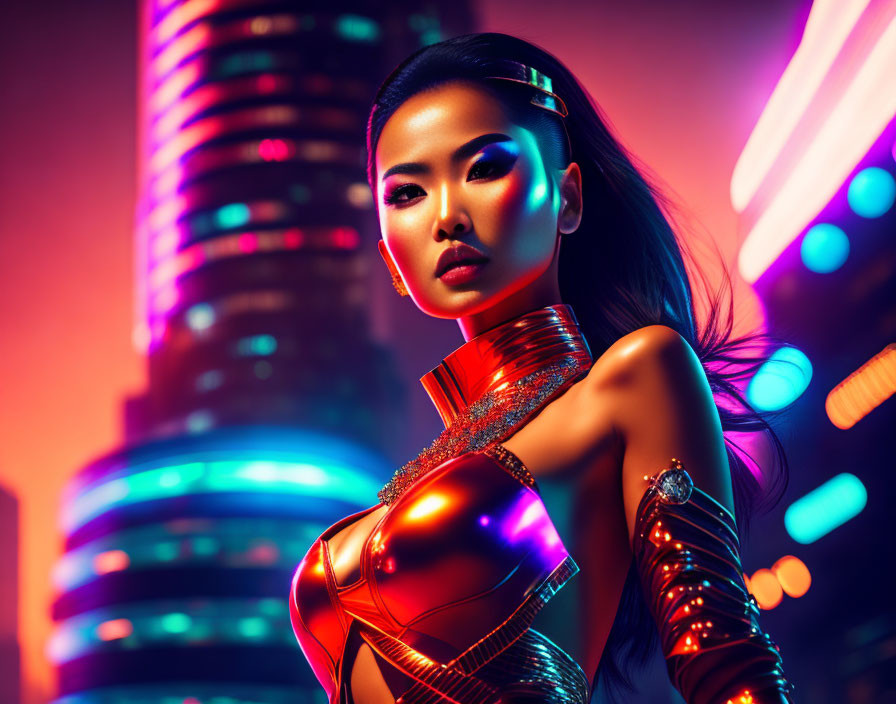 Futuristic woman in metallic attire against neon cityscape