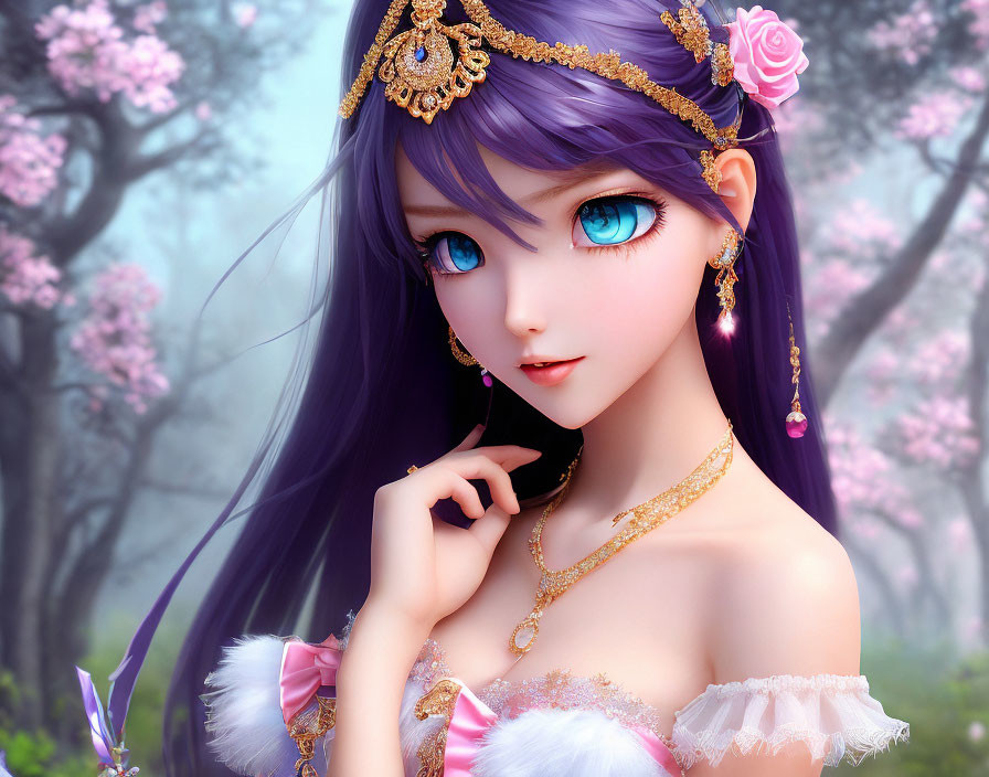 Illustration of girl with violet hair and blue eyes in foggy floral setting