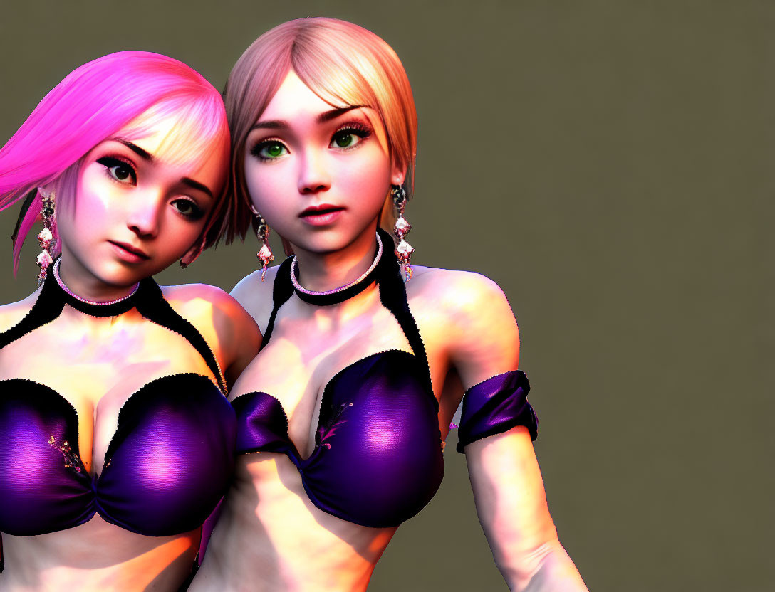 Vibrant Purple Outfits on Two Animated Female Characters