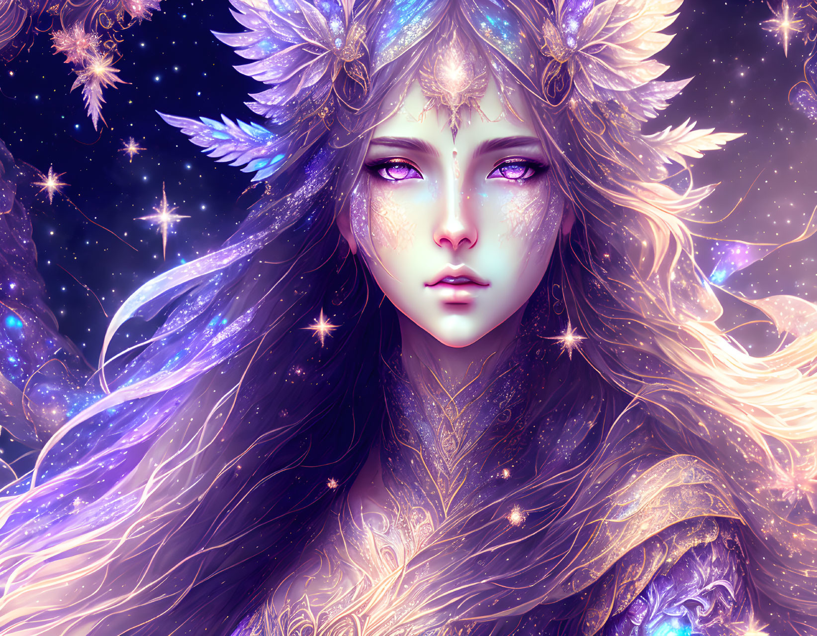 Fantasy illustration of female figure with gold and purple adornments on starry background