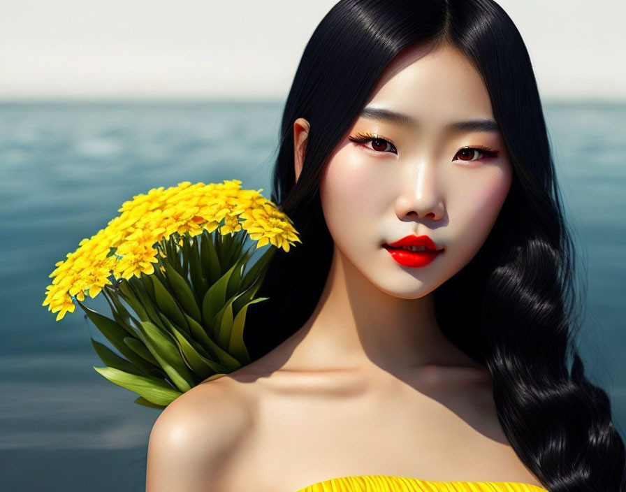 Asian woman digital artwork with black hair, yellow flowers, dress, and water background