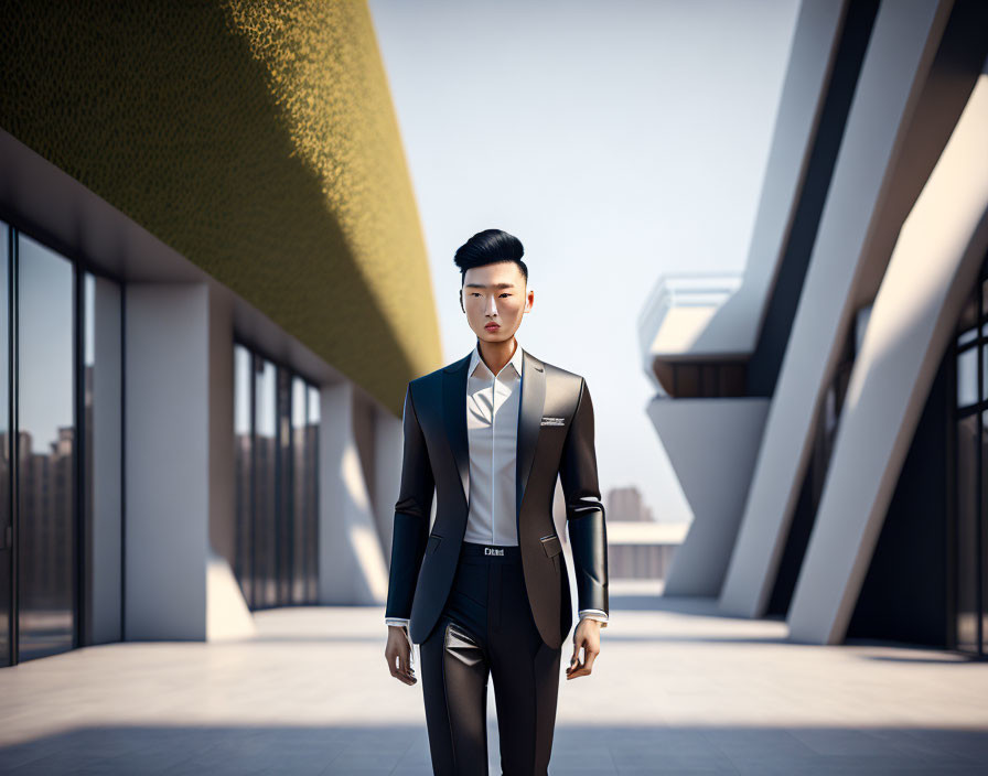 Stylish man in modern suit in futuristic architectural setting