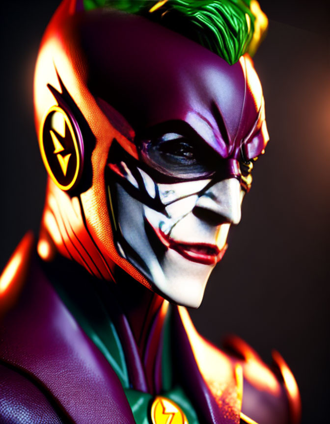 Stylized image of character with purple and red costume, green hair, white skin, and flash