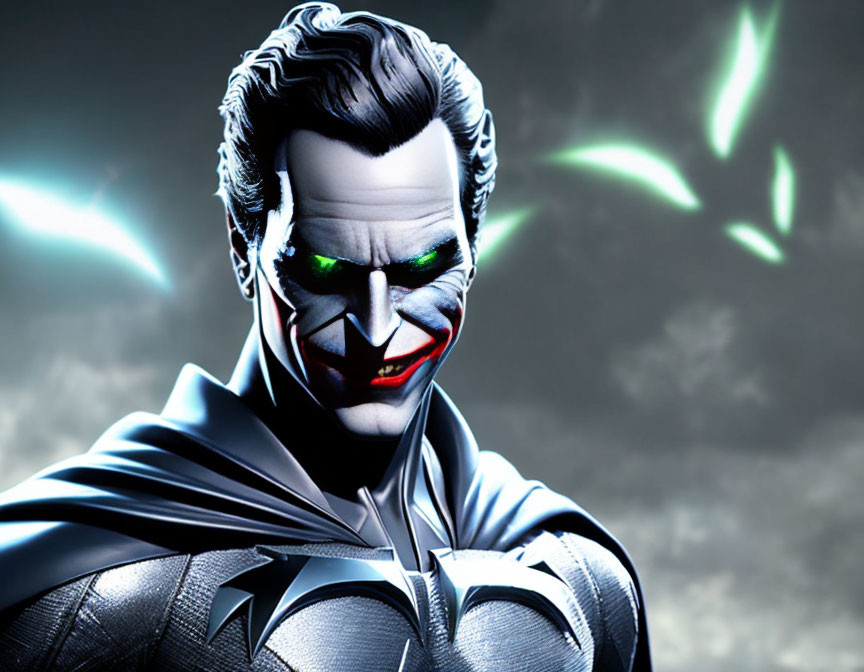 Sinister Batman with Joker-like smile under stormy sky