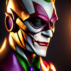 Stylized image of character with purple and red costume, green hair, white skin, and flash