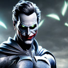 Sinister Batman with Joker-like smile under stormy sky