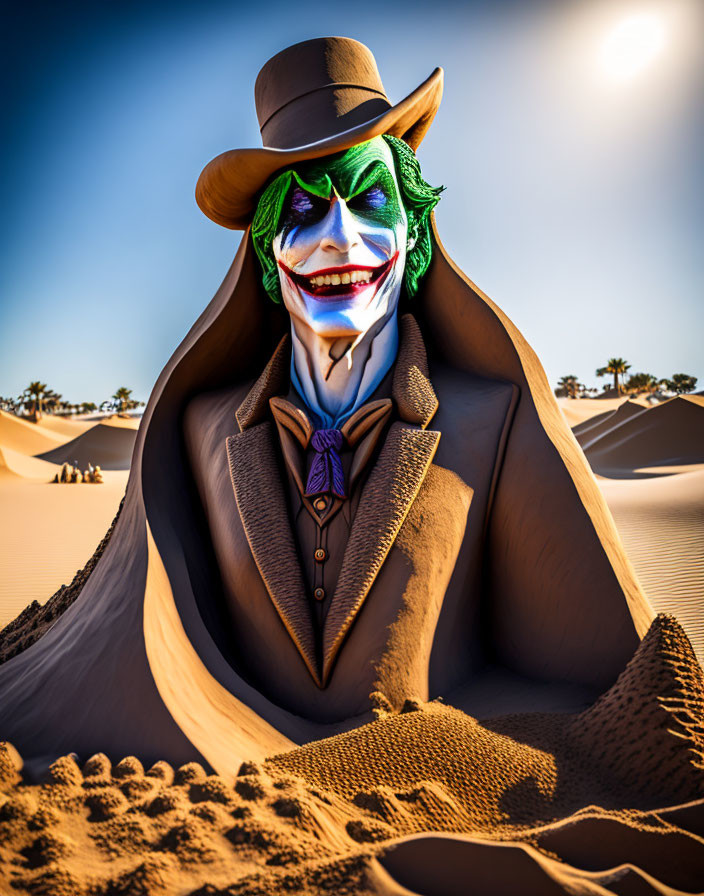 Person in Joker makeup and attire sitting in desert with dunes