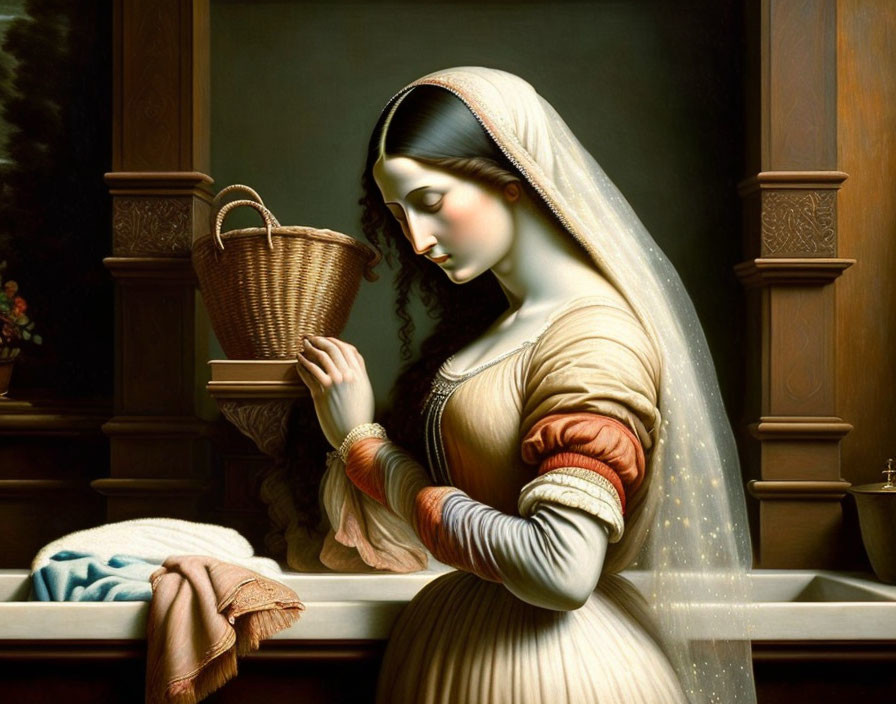 Renaissance painting of serene woman with basket near basin