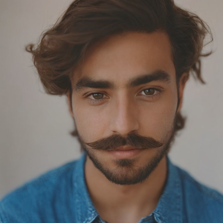 Tousled Brown Hair Man with Twirled Mustache in Denim Shirt