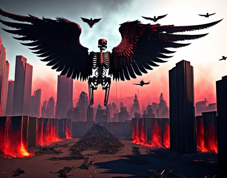 Giant skeleton with wings flies over burning city in ruins