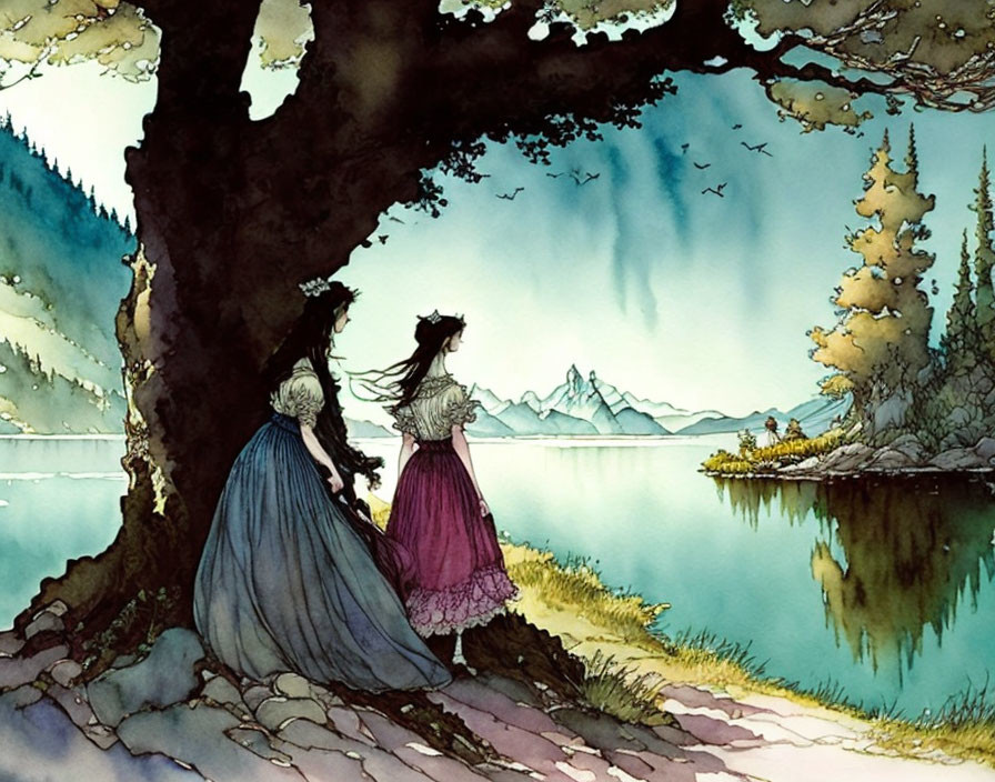 Two women in period dresses by serene lake with mountains and birds.