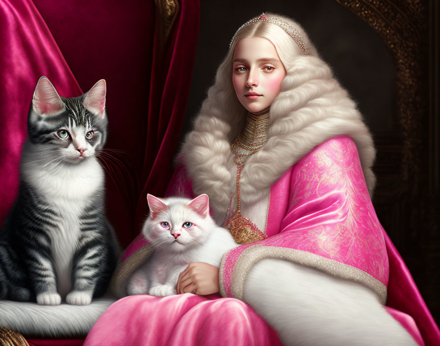 Regal woman in fur-trimmed pink gown with two cats in luxurious crimson and gold setting