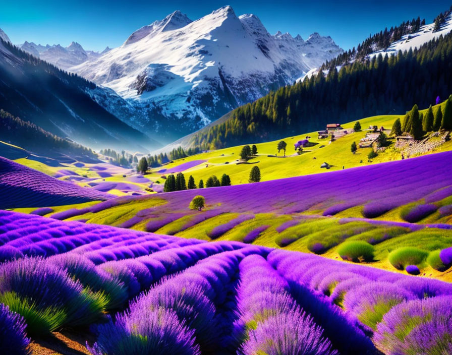 Lavender Fields, Green Meadows, Snow-Capped Mountains - Scenic Landscape