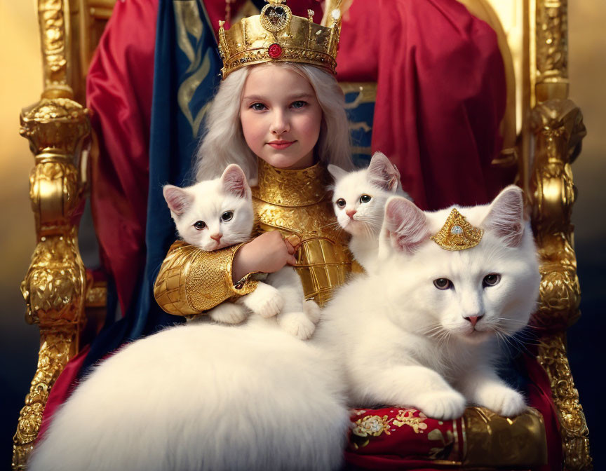 Young girl in regal attire with white kittens on throne