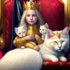 Young girl in regal attire with white kittens on throne