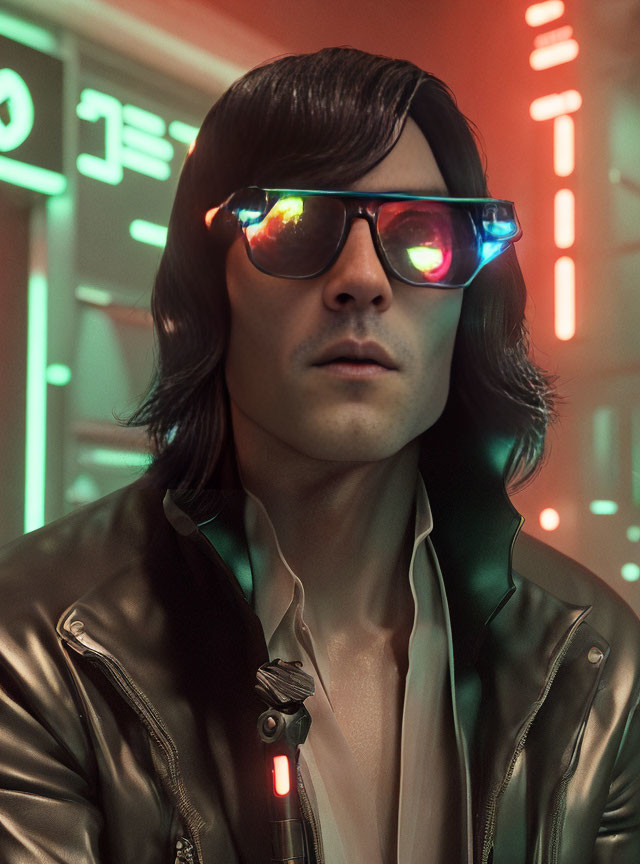 Man in leather jacket with shoulder-length hair in neon-lit setting