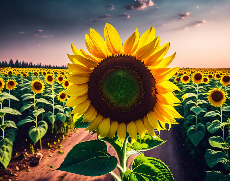 Sunflower field at sunset with vibrant sunflower and path