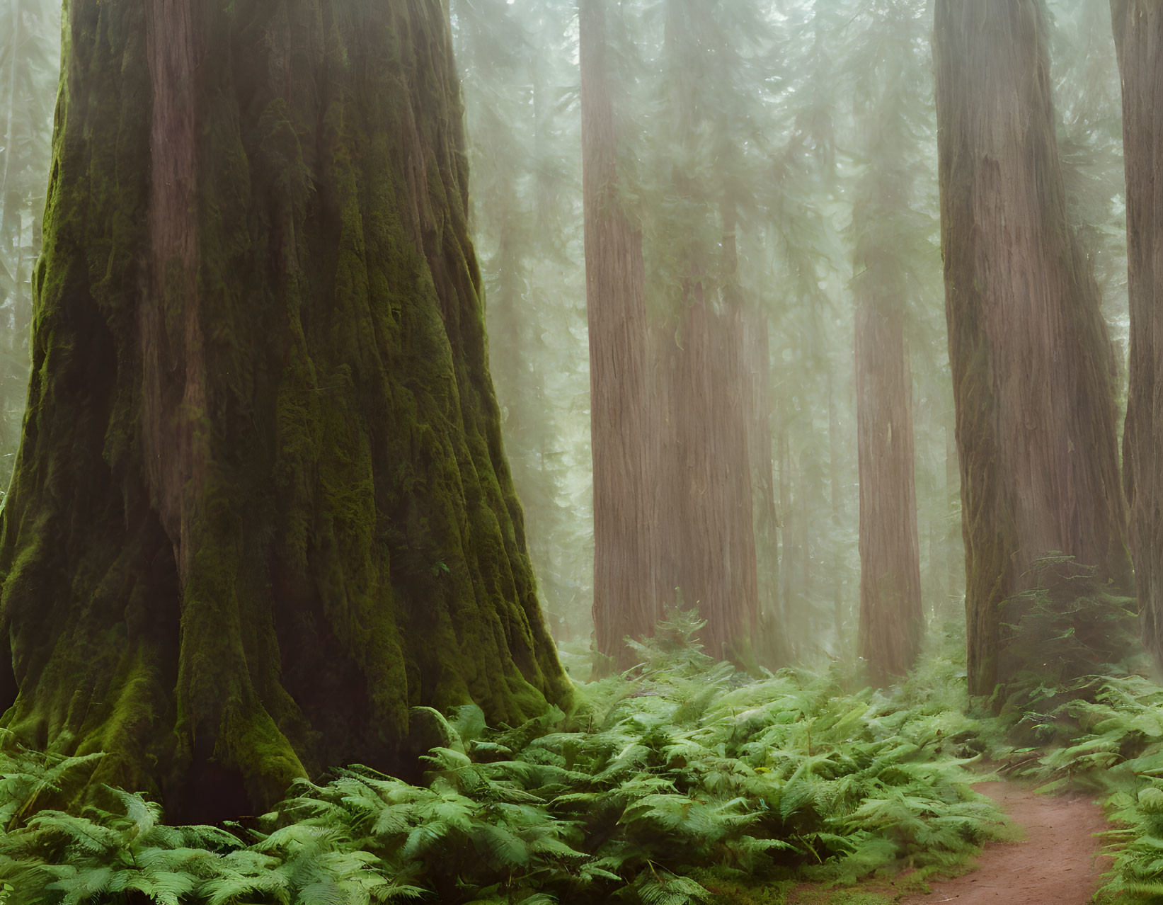 Misty forest with moss-covered trees and fern undergrowth