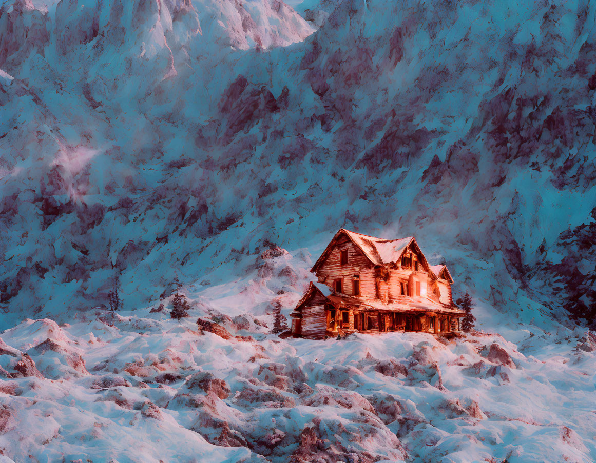 Wooden cabin in snowy landscape with lit windows and mountains.