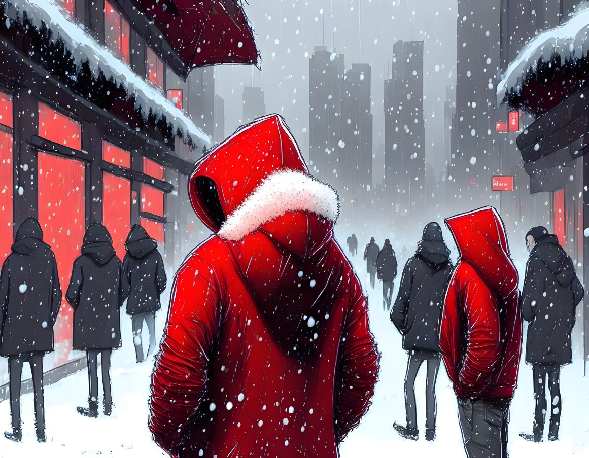 Person in red hooded jacket on snowy urban street with red buildings