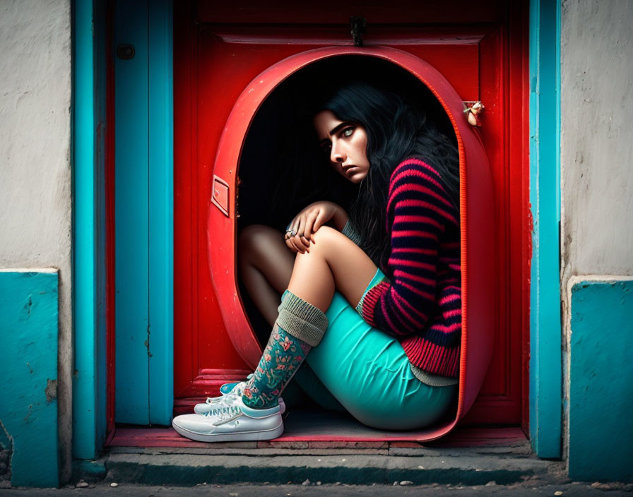 Colorfully dressed woman sits in red cylindrical mailbox on teal door.