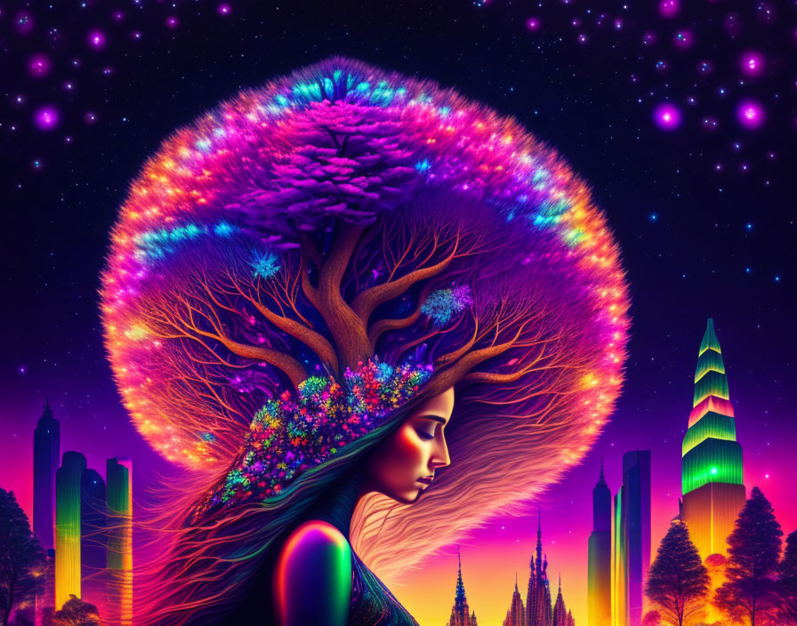 Colorful illustration: Woman with tree hair under cosmic canopy in futuristic cityscape