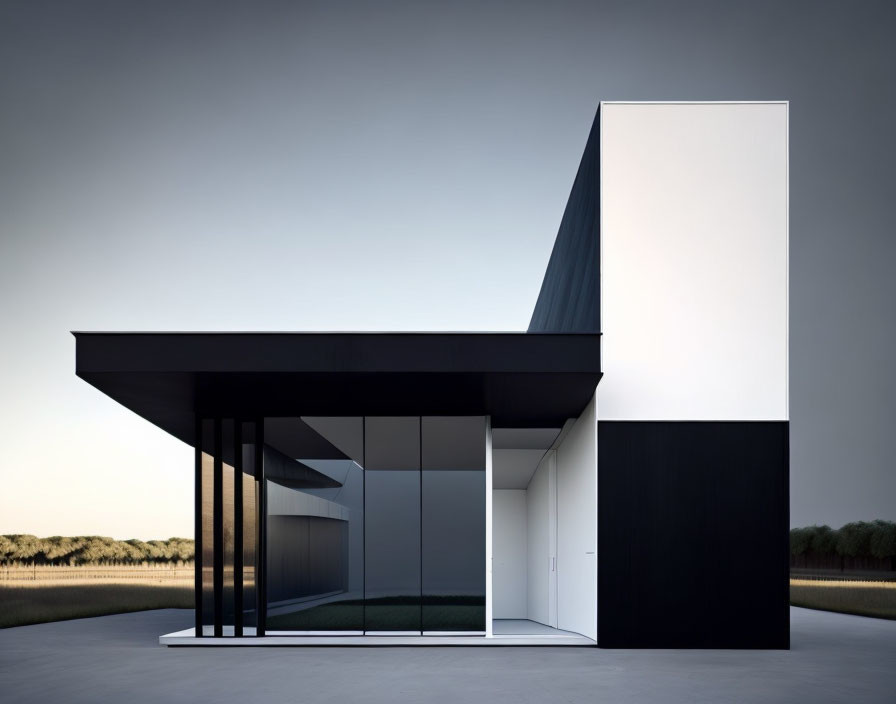 Sharp-Angled Minimalist House with Black and White Panels and Glass Windows against Dusk Sky