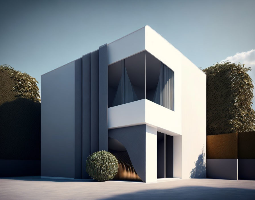 Geometric two-story house: minimalist design, large windows, white facade, clear sky.