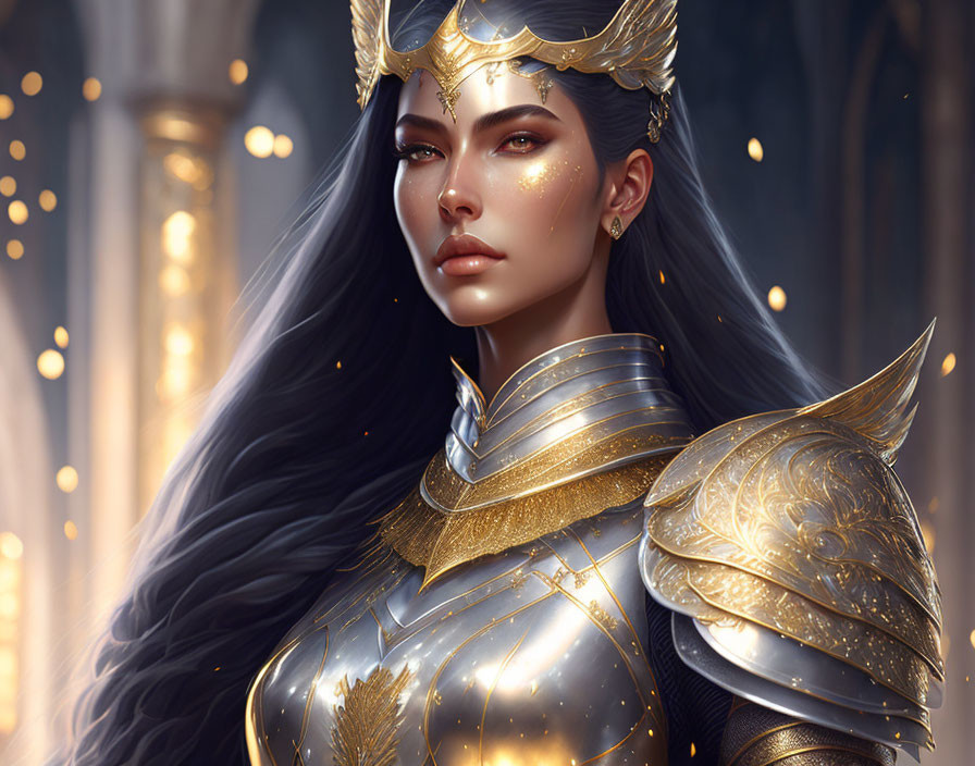 Female warrior in golden armor with winged helmet.