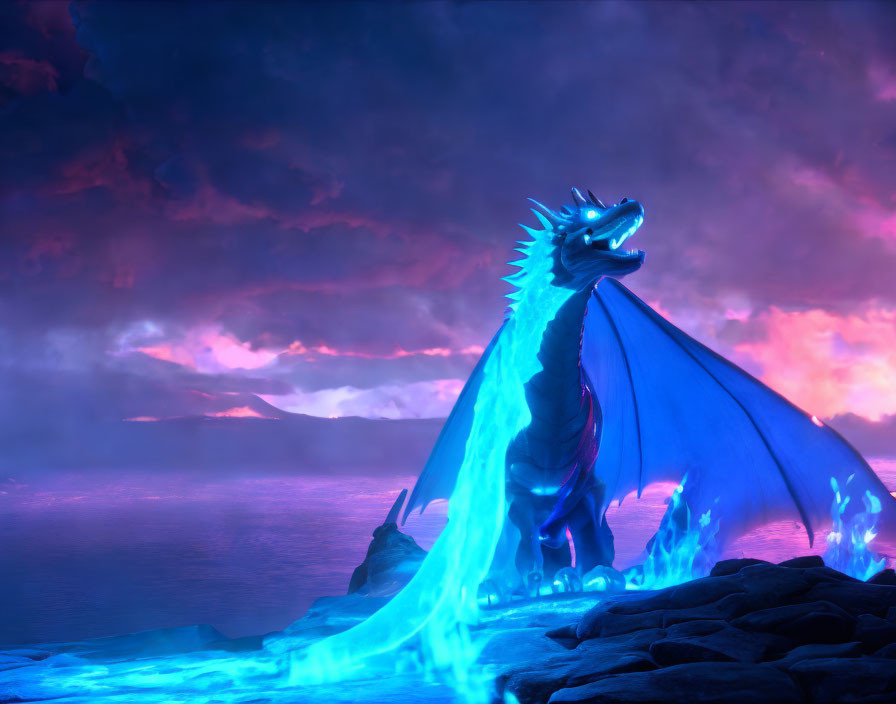 Majestic blue dragon perched on cliff at sunset