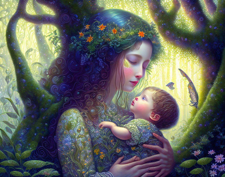 Woman with floral crown cradling child in lush forest with butterfly and vibrant flora