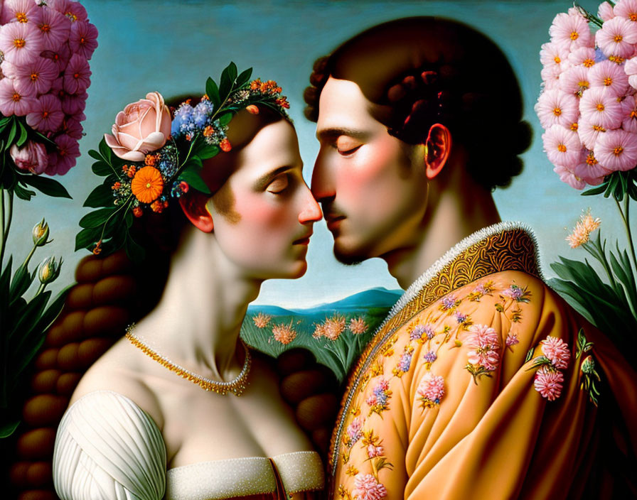 Man and woman in affectionate pose with floral details and serene landscape.