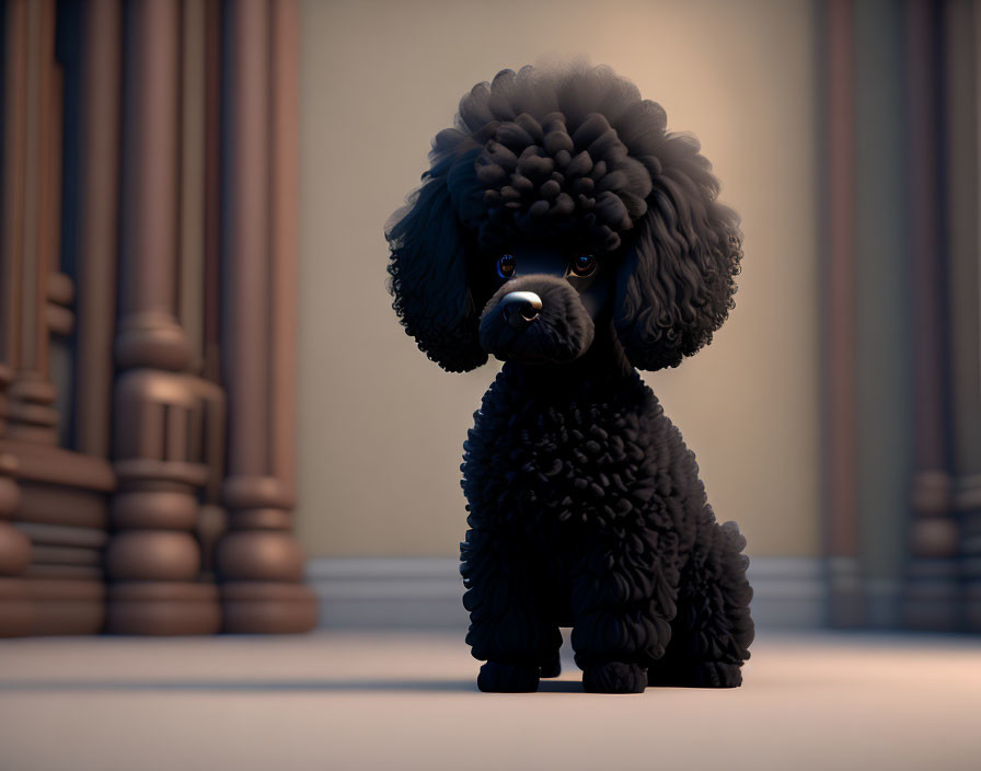 Black poodle with curly fur in room with column details, solemn expression