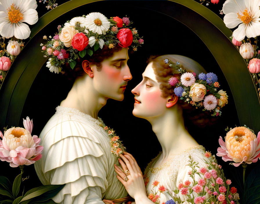 Romantic painting of man and woman with floral wreaths in profile