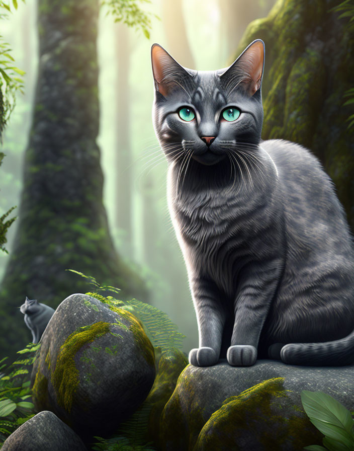 Grey cat with turquoise eyes on mossy rock in sunlit forest with bird.